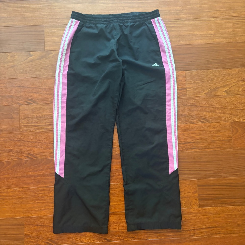 Adidas Mens Black Pink White 3-Stripe Track Pants Windbreaker Mesh Lined Large